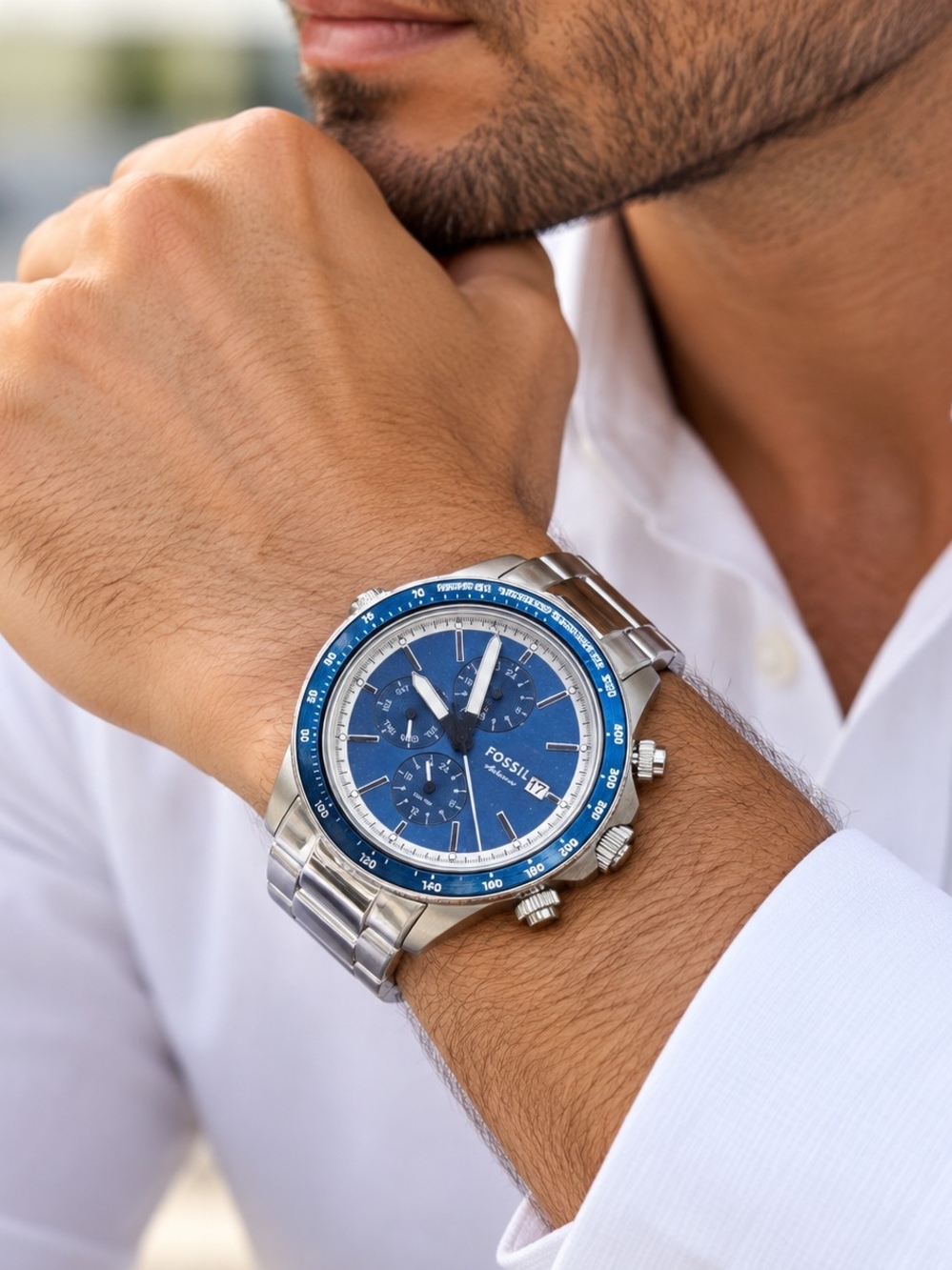 Fossil Autocross BQ2869 Men's 42mm Blue Dial Stainless Steel Watch NWT Box